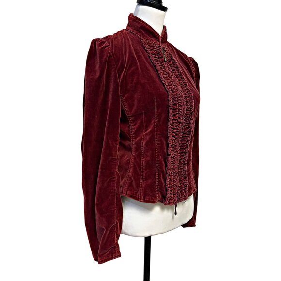 Express Vintage Velvet Ruffle Full Zip Jacket Victorian Goth Stand Collar Blazer - Picture 8 of 12